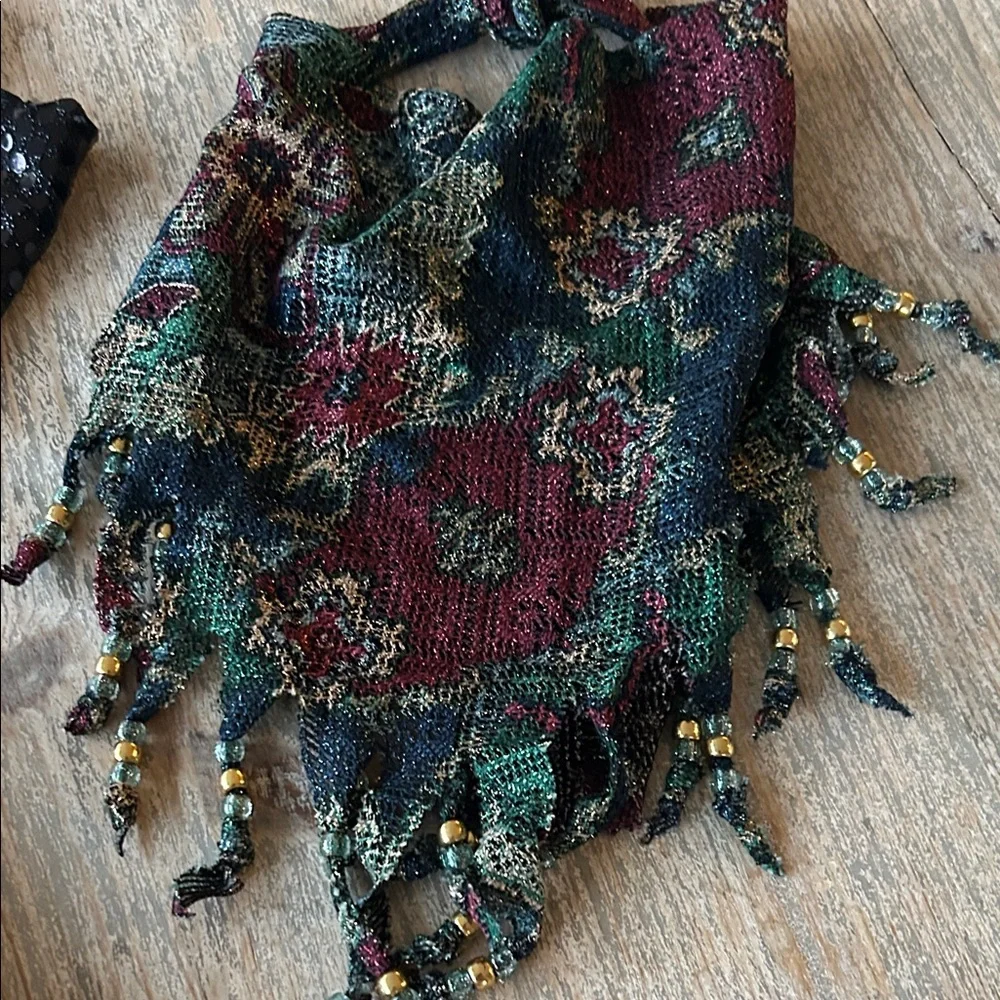 Vintage Four Beaded Fringe Scarves - Black, Pink, Green, Patterned - Picture 4 of 4
